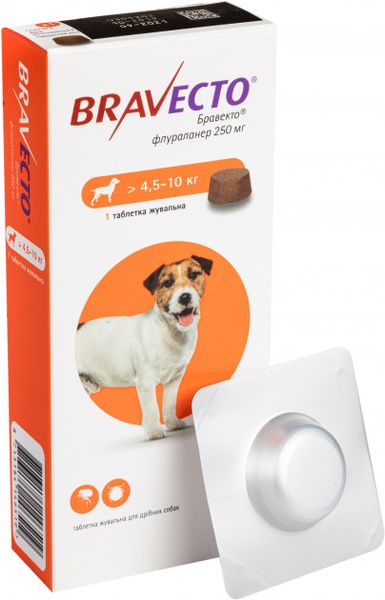 Bravecto Бравекто жувальна таблетка від бліх та кліщів для собак вагою 4,5-10кг, 250 мг (1табл) А00259 фото