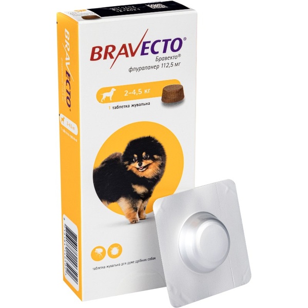 Bravecto Бравекто жувальна таблетка від бліх та кліщів для собак вагою 2-4,5кг, 112 мг (1табл) А00257 фото