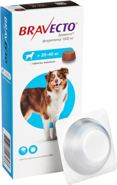 Bravecto Бравекто жувальна таблетка від бліх та кліщів для собак вагою 20-40кг, 1000 мг (1табл) А00256 фото