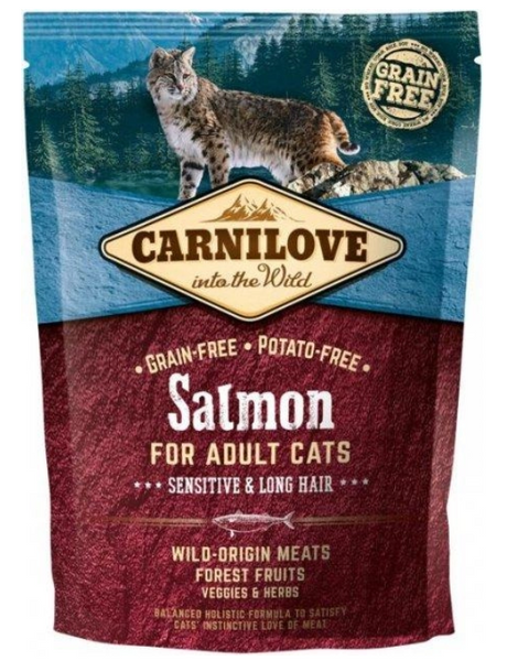 Carnilove Cat Salmon Sensitive & Long Hair Сухий корм беззерновий для котів з чутливим травленням та довгошерстих з лососем 0.4 кг А22512 фото