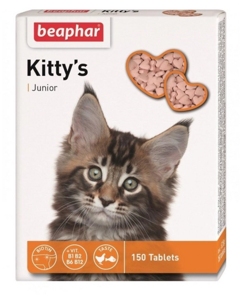Beaphar Kitty's Junior вітамінізовані ласощі з біотином для здорового розвитку кошенят, 150 таблеток