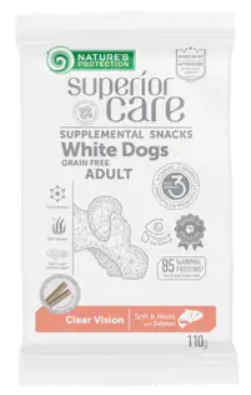 Беззернові ласощі для дорослих собак всіх порід з білим окрасом шерсті Nature's Protection Superior Care White Dogs Clear Vision з лососем, 110г А22677 фото