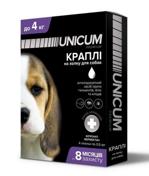 Краплі Unicum Premium + від бліх, кліщів та гельмінтів на холку для собак 0-4 кг (1 ампл)