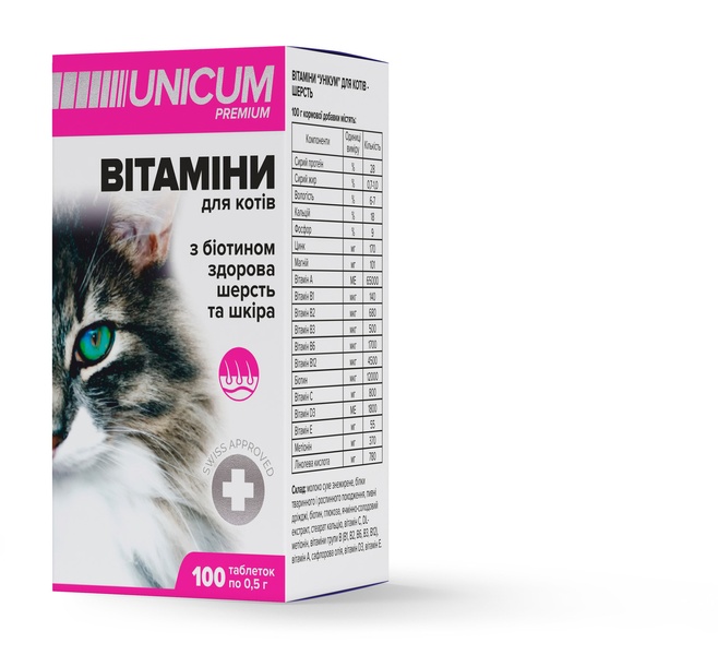 Вітаміни UNICUM Premium для котів з біотином для здорової шерсті і шкіри