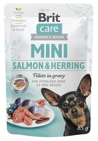 Консервований корм 'Brit Care Dog Mini Salmon & Herring Fillets In Gravy' Вологий корм з лососем та оселедцем для стерилізованих собак 85 г А13421 фото
