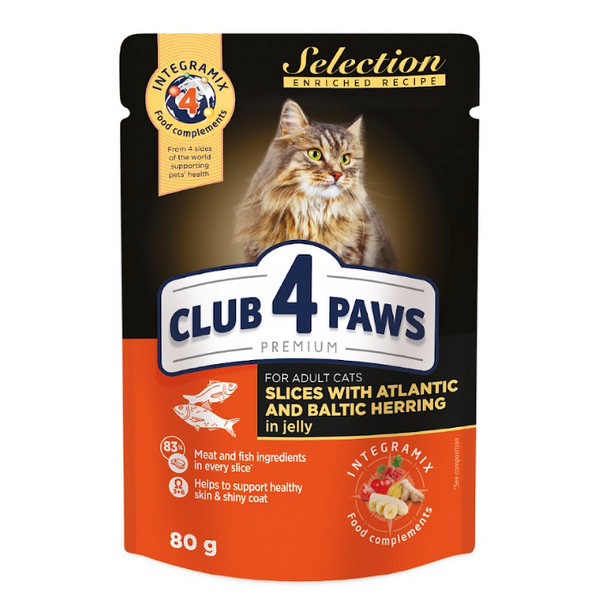 Клуб 4 Лапи Plus Selection Вологий корм зі шматочками оселедця та салаки в желе для дорослих котів А10503 фото