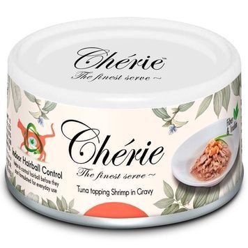 Вологий корм для котів Cherie Hairball Control Tuna&Shrimp, зі шматочками тунця та креветок в соусі, для запобігання утворення шерстяних грудочок, 80 г А33621 фото