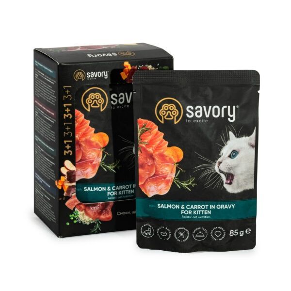 Набір вологого корму для кошенят Savory Kitten 3+1 шт -85 г - лосось та морква