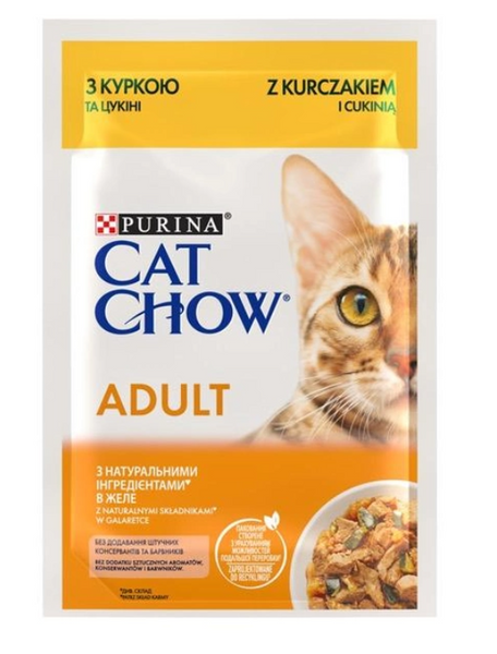 Консервований корм Purina Cat Chow ADULT Ніжні шматочки з куркою та кабачками в желе для котів 85 г