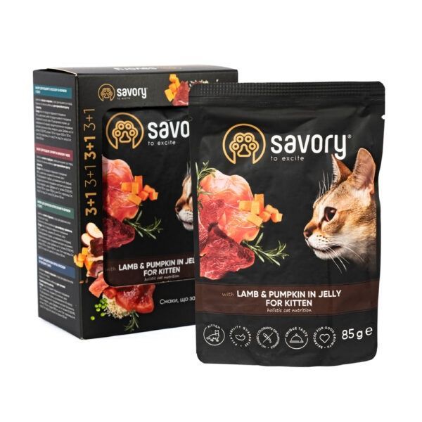 Набір вологого корму для кошенят Savory Kitten 3+1 шт -85 г - ягня та гарбуз