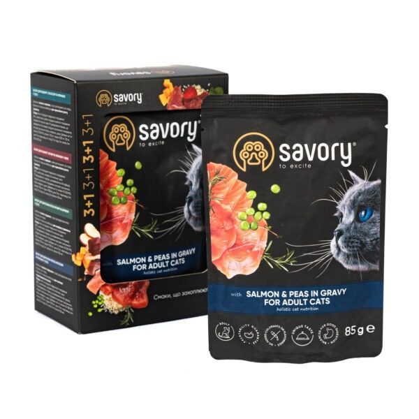 Набір вологого корму для котів Savory Adult 3+1 шт -85 г - лосось та горошок А31373 фото