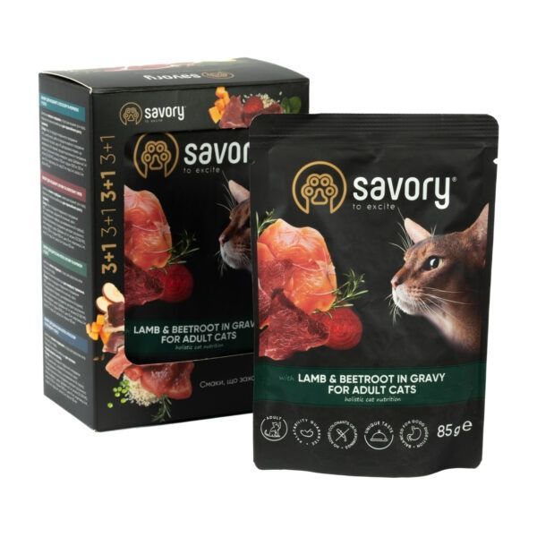 Набір вологого корму для котів Savory Adult 3+1 шт - 85 г - ягня та буряк