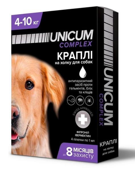 Краплі Unicum Premium + від бліх, кліщів та гельмінтів на холку для собак 4-10 кг (1 ампл)