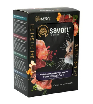 Набір вологого корму для котів Savory Sterilised 3+1 шт - 85 г - ягня та журавлина А31371 фото