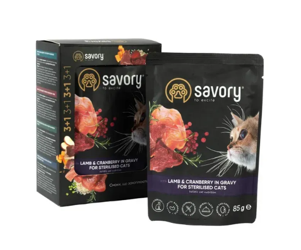 Набір вологого корму для котів Savory Sterilised 3+1 шт - 85 г - ягня та журавлина А31371 фото