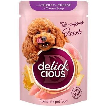 Вологий корм для собак Delickcious - смужки індичка та сир в крем-супі, 85г А36560 фото