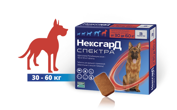 NexGard SPECTRA Нексгард СПЕКТРА таблетка проти бліх, кліщів, гельмінтів (1 шт) для собак вагою від 30,0 до 60,0 кг