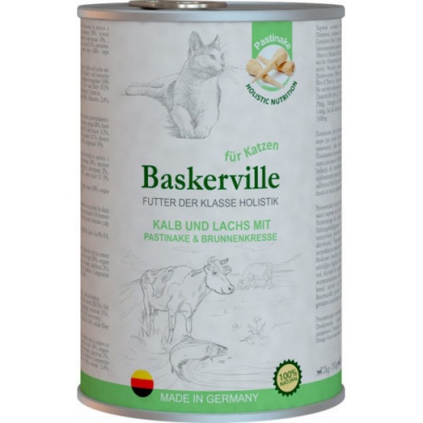 Baskerville вологий раціон для котів Телятина та лосось з пастернаком та крес-салатом 0,4 кг А08870 фото