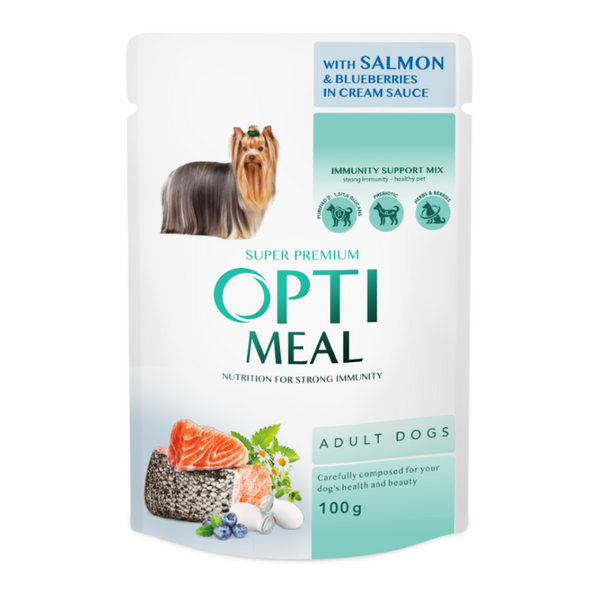 OPTIMEAL ™. Повнораціонний консервований корм для дорослих собак з лососем та лохинoю в крем соусі 85г