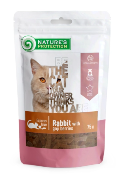 Ласощі для котів, снеки з кролика з ягодами годжі, Nature's Protection snack for cats with rabbit and goji berries, 75г