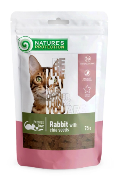 Ласощі для котів, снеки з кролика з чіа, Nature's Protection snack for cats with rabbit and chia seeds, 75г