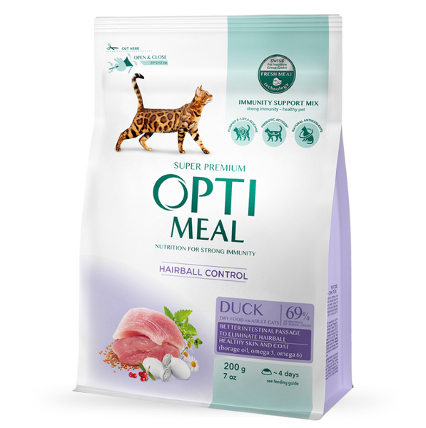 OPTIMEAL™. Повнораціонний сухий корм для дорослих котів з ефектом виведення шерсті - качка