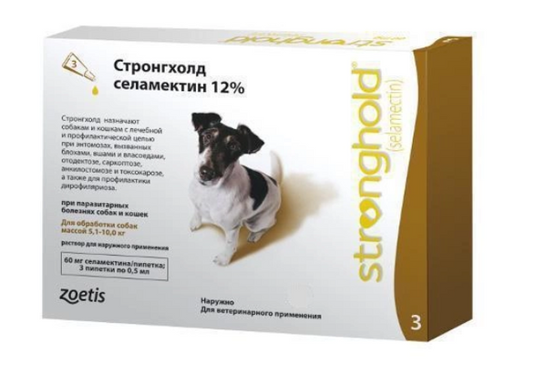 Краплі Zoetis Стронгхолд 12% 60 мг для собак на вагу 5,1 - 10,0 кг від бліх, вушних та коростяних кліщів, глистів. 3 піпетки по 0,5 мл А08770 фото