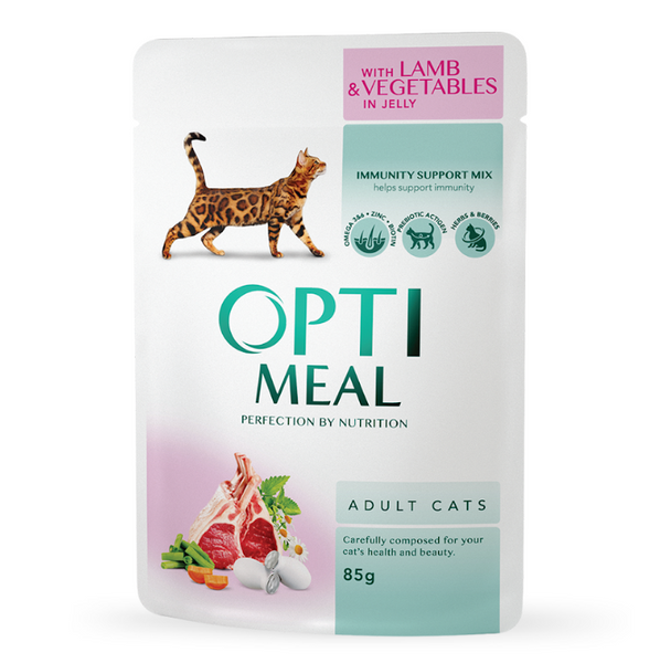 OPTIMEAL вологий корм для дорослих котів з ягням та овочами в желе А01367 фото