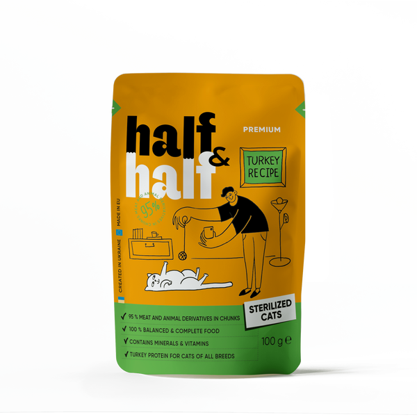 Вологий корм для котів Half&Half Sterelized- індичка в желе, 100 г
