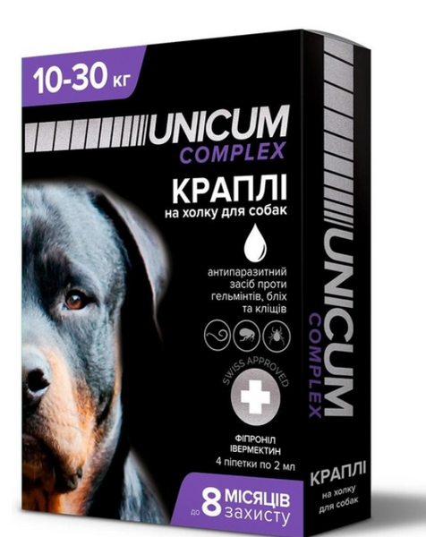 Краплі Unicum Premium + від бліх, кліщів та гельмінтів на холку для собак 10-30 кг (1 ампл) А08488 фото