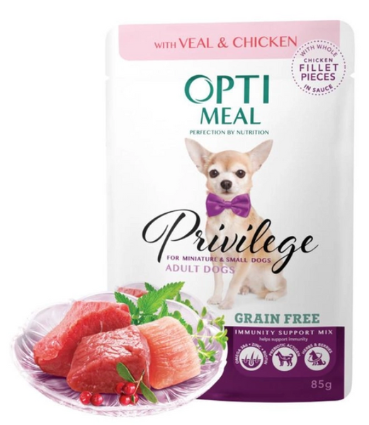 Консерви OPTIMEAL Privilege з телятиною та курячим філе у соусі для дорослих собак малих порід 0.085 кг А04058 фото
