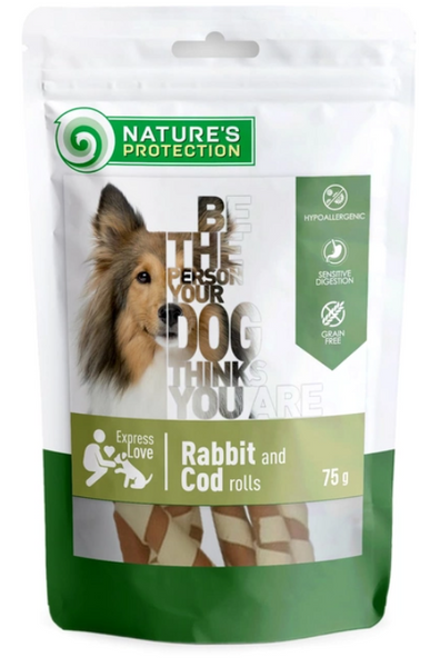 Ласощі для собак, роли з кролика та тріски, Nature's Protection snack for dogs rabbit and cod rolls 75 г