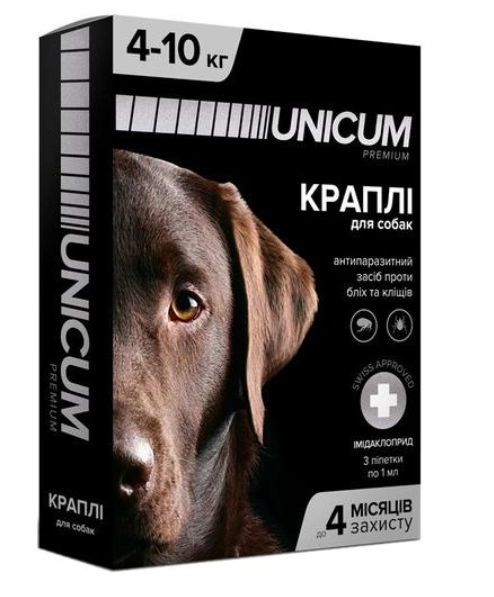 Краплі Unicum Premium проти бліх і кліщів на чубку для собак масою 4-10 кг (1 ампл)