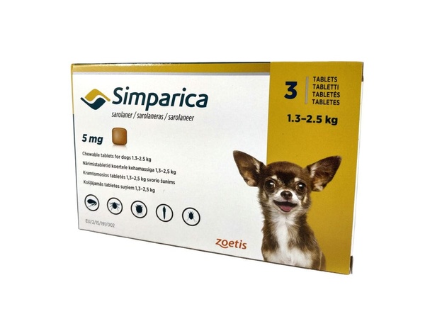 Сімпаріка жувальні таблетки для собак 1,3-2,5кг від бліх та кліщів (1таблетка) А04825 фото