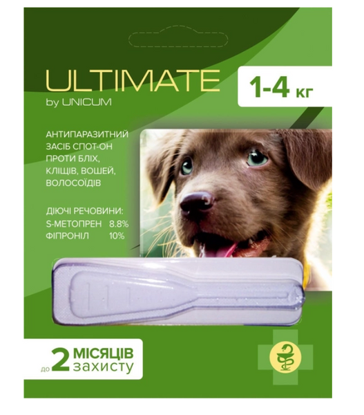 Краплі від бліх, кліщів, вошей і волосоїдів Unicum Ultimate для собак 1-4 кг (s-метопрен, фипр) 0.6 мл