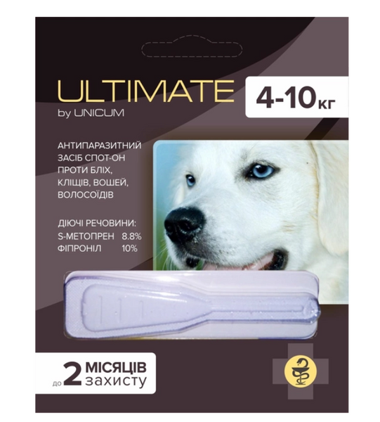 Краплі від бліх, кліщів, вошей і волосоїдів Unicum Ultimate для собак 4-10 кг (s-метопрен, фипр) 0.8 мл А08141 фото